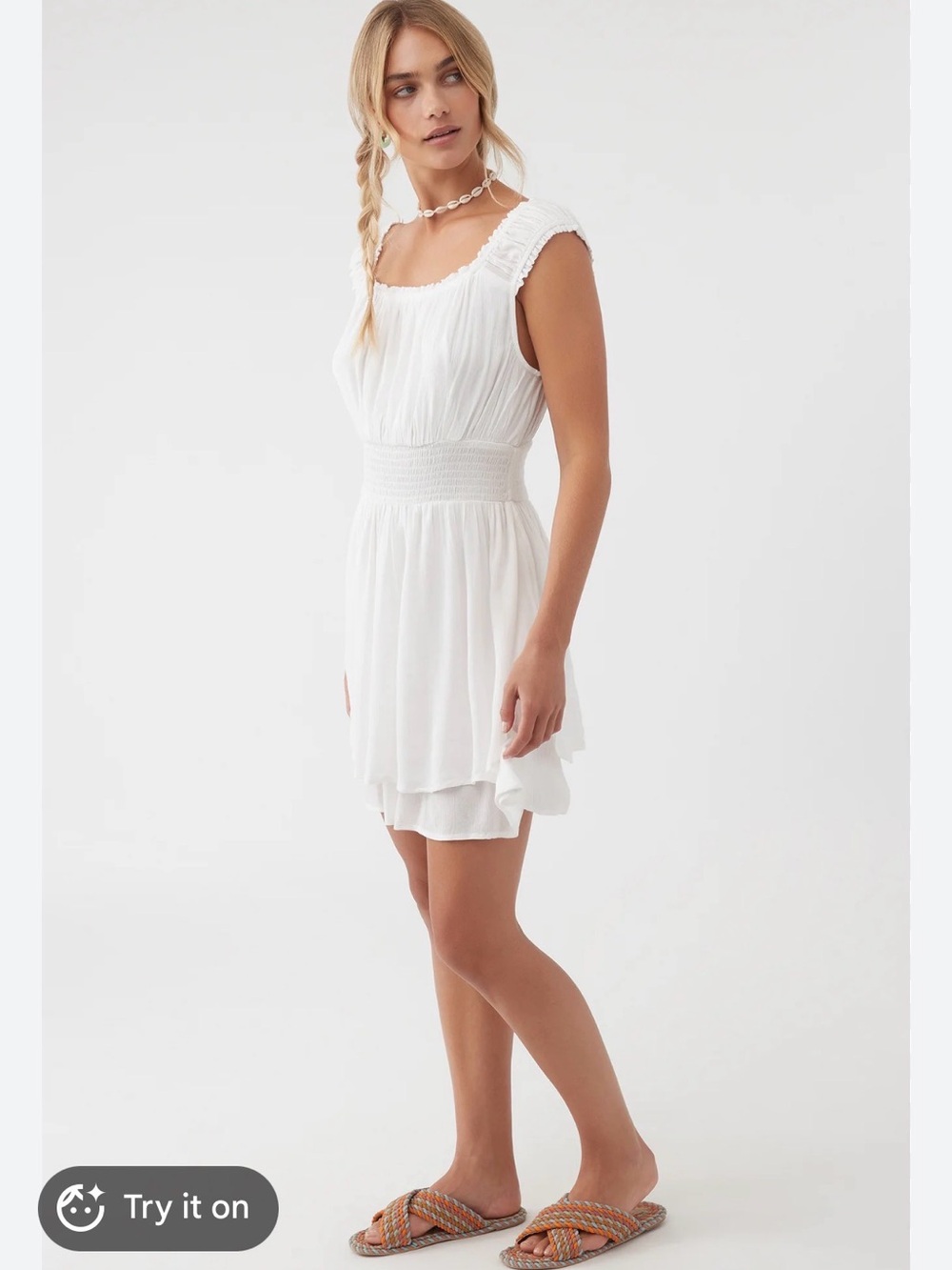 O'Neill White Smocked Waisted Tiered Mini Dress